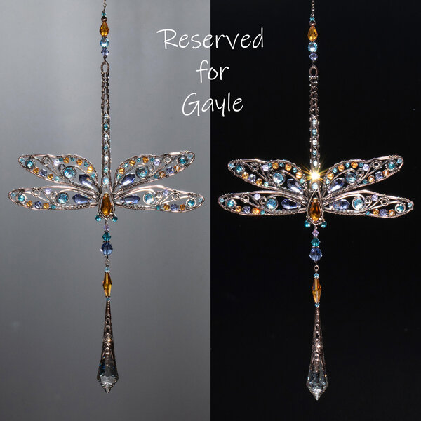 RESERVED FOR GAYLE ... DRAGONFLY FLORAL SWAROVSKI CRYSTAL WINDOW SUNCATCHER IN MIXED METALS