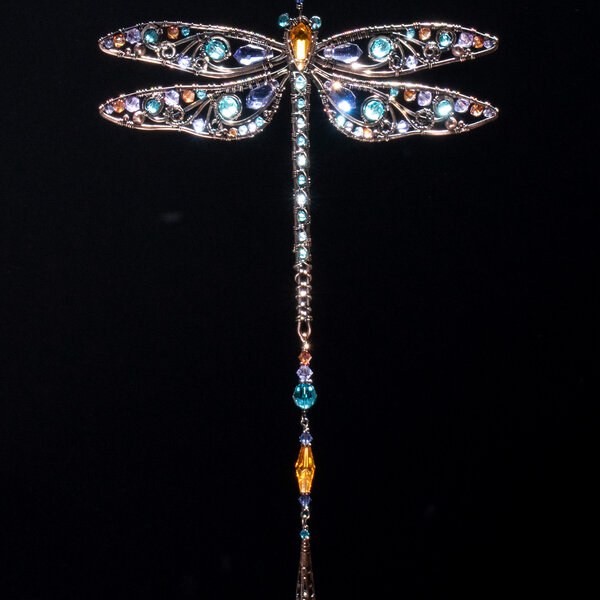 RESERVED FOR GAYLE ... DRAGONFLY FLORAL SWAROVSKI CRYSTAL WINDOW SUNCATCHER IN MIXED METALS