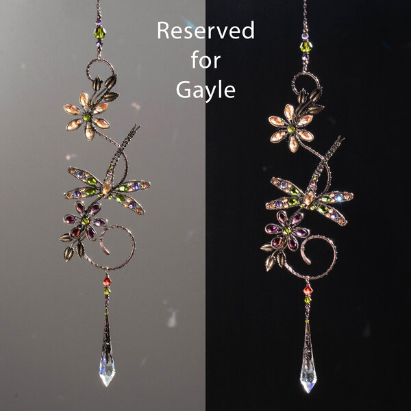 RESERVED FOR GAYLE DRAGONFLY ON A BRANCH SWAROVSKI CRYSTAL WINDOW SUNCATCHER IN MIXED METALS