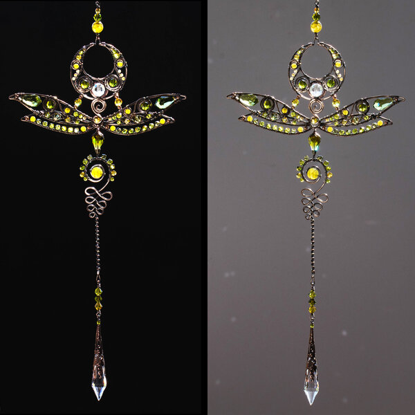 UNALOME SYMBOL DRAGONFLY CRYSTAL & GEMSTONE SUNCATCHER IN OLIVE GREENS