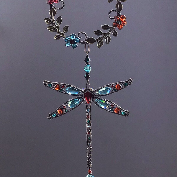 DRAGONFLY SWAROVSKI CRYSTAL WINDOW SUNCATCHER WITH FLORAL FRAME