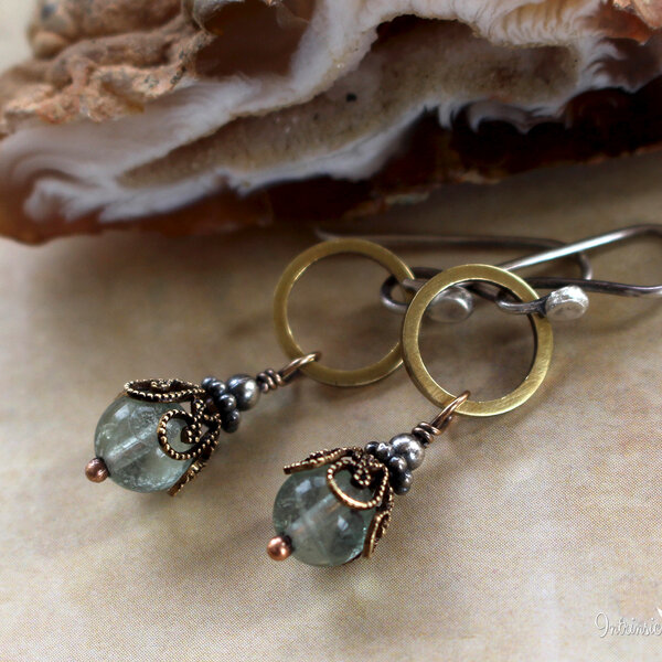 SEAFOAM FLUORITE FILIGREE EARRINGS IN MIXED METALS WITH STERLING SILVER EAR WIRES