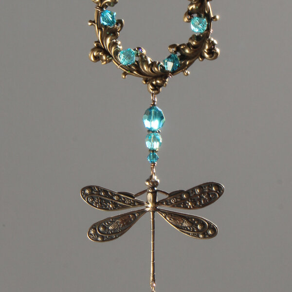 OCEAN BLUE SWAROVSKI CRYSTAL AND DRAGONFLY WINDOW SUNCATCHER WITH FLORAL FRAME