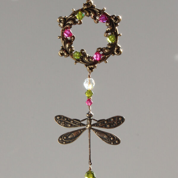 OLIVE AND MAGENTA SWAROVSKI CRYSTAL AND DRAGONFLY WINDOW SUNCATCHER WITH FLORAL FRAME