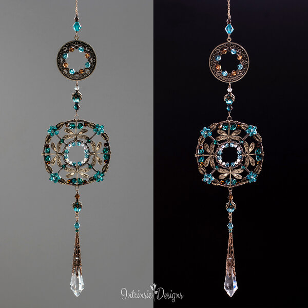FOUR DRAGONFLIES MANDALA SWAROVSKI CRYSTAL WINDOW SUNCATCHER IN MIXED METALS