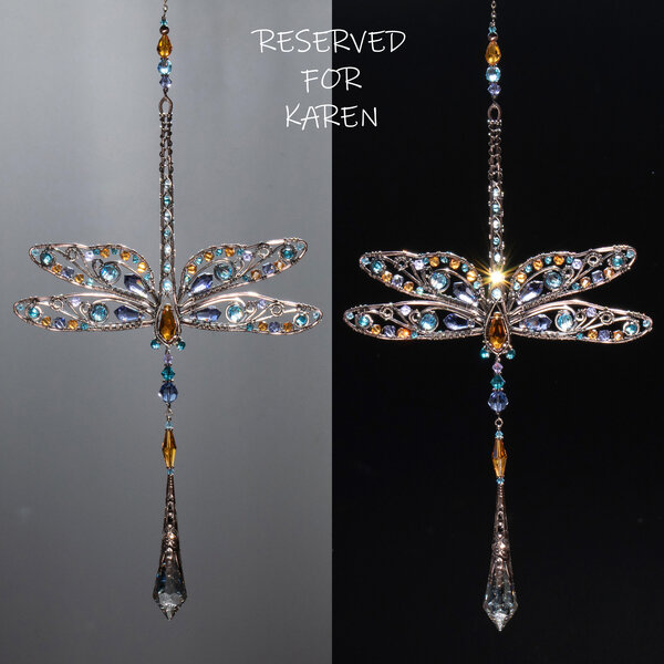 RESERVED FOR KAREN ... DRAGONFLY FLORAL SWAROVSKI CRYSTAL WINDOW SUNCATCHER IN MIXED METALS