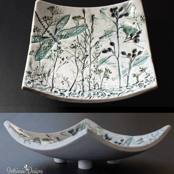 CURVED SQUARE RING DISH WITH A DRAGONFLY & WILDFLOWERS IN OCEAN BLUES AND GREENS