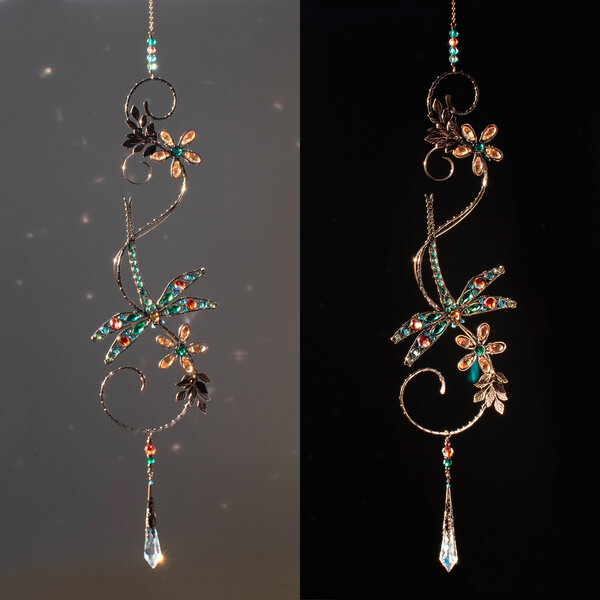 DRAGONFLY ON A BRANCH SWAROVSKI CRYSTAL WINDOW SUNCATCHER IN MIXED METALS