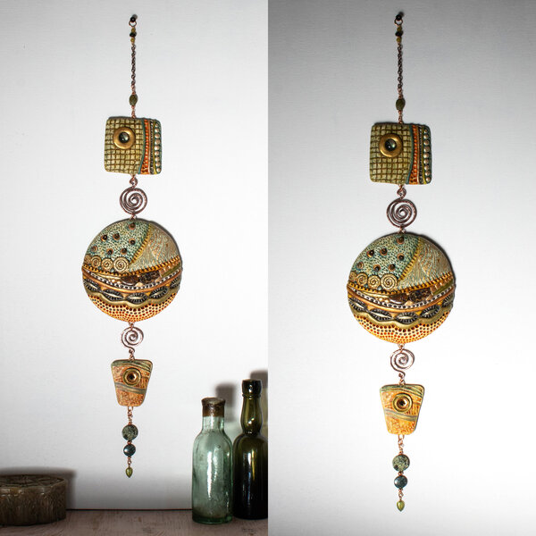 ABSTRACT LANDSCAPE CLAY WALL HANGING * FEATURING KOROIT OPAL, MIXED GEMSTONES AND METALS.