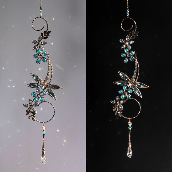 DRAGONFLY ON A BRANCH CRYSTAL WINDOW SUNCATCHER IN COPPER AND BRONZE