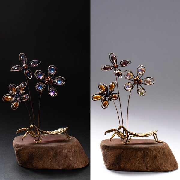 CRYSTAL FLOWERS WITH A BRASS PRAYING MANTIS ON A DRIFTWOOD SLICE ... WINDOWSILL SUNCATCHER