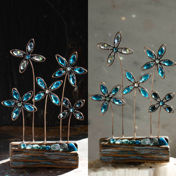 A FIELD OF BLUE CRYSTAL FLOWERS ON A LOG WITH GEMSTONES  ... WINDOWSILL SUNCATCHER