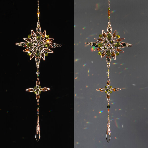 ORNATE MANDALA OLIVE & AMBER CRYSTAL WINDOW SUNCATCHER IN COPPER & BRONZE