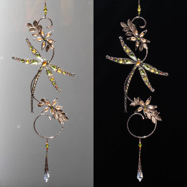 OLIVE DRAGONFLY ON A BRANCH WINDOW SUNCATCHER WITH SWAROVSKI CRYSTALS AND MIXED METALS
