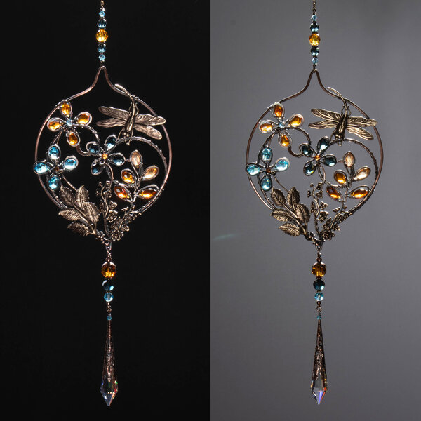 DRAGONFLY GARDEN MIXED CRYSTAL WINDOW SUNCATCHER IN AN OGEE SHAPED FRAME