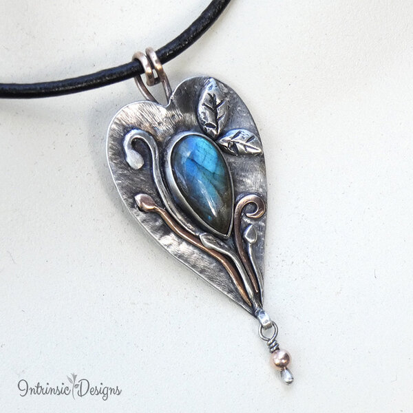 Labradorite Sterling Silver and Bronze Heart Leather Necklace