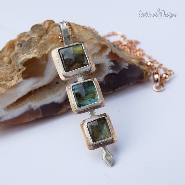 Triple Labradorite Sterling Silver and Bronze Pendant Necklace with Rose Gold Filled Chain