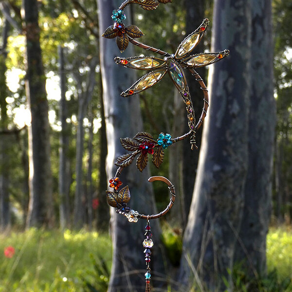 Dragonfly Swarovski Crystal Window Suncatcher in Copper, Brass and Bronze