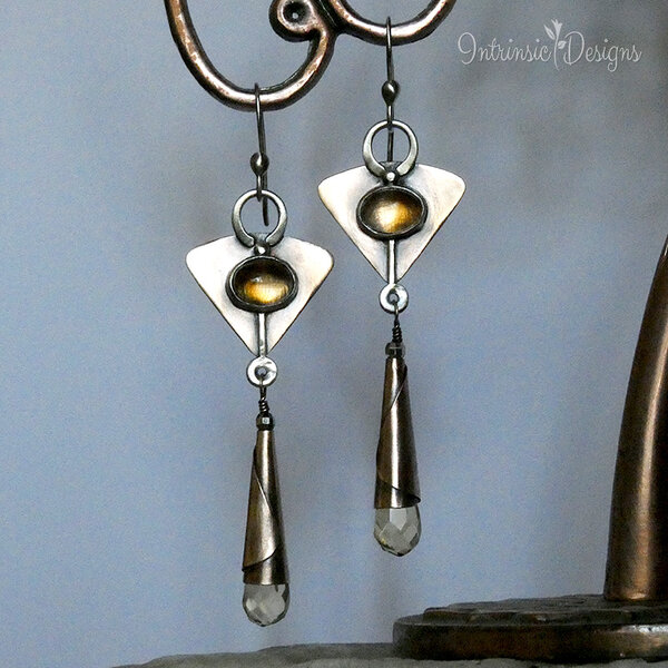 Citrine, Sterling Silver and Bronze Long Dangle Earrings