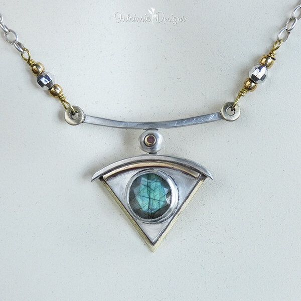 Faceted Labradorite, Sterling Silver and Raw Brass Pendant Necklace on a Sterling Silver Chain
