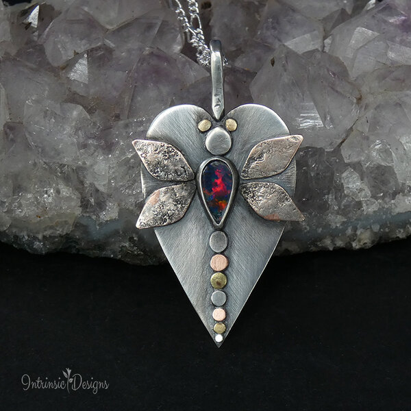 DRAGONFLY HEART ... OPAL DOUBLET STERLING SILVER PENDANT WITH MIXED METALS