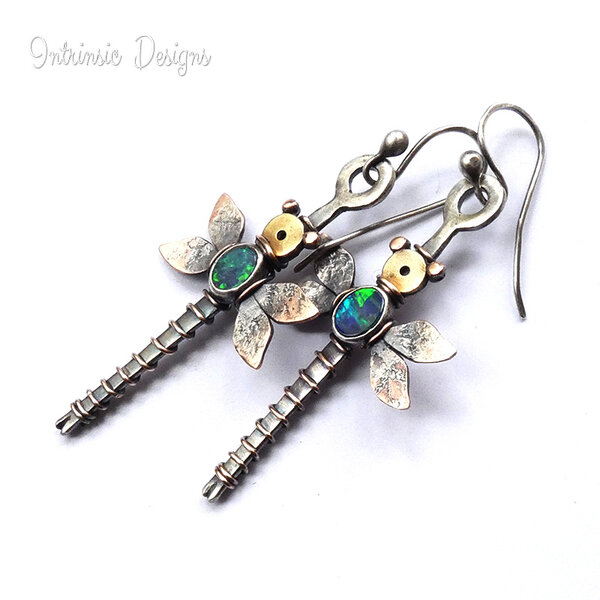 DRAGONFLY OPAL DOUBLET EARRINGS IN STERLING SILVER AND MIXED METALS