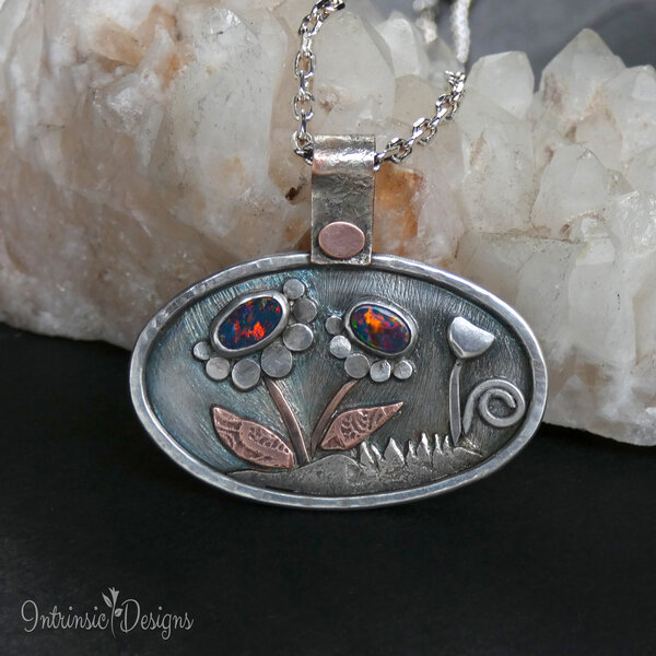 REDUCED! *TWO OPAL FLOWERS * STERLING SILVER & MIXED METAL PENDANT NECKLACE