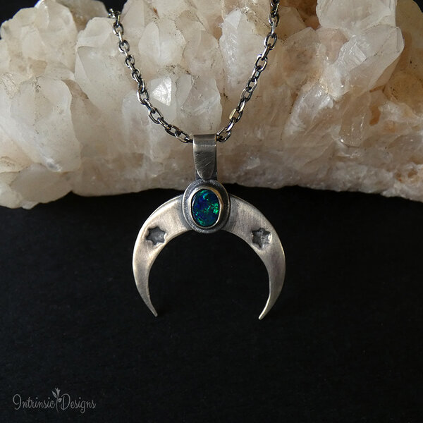 OPAL MOON ... OPAL DOUBLET ON A STERLING SILVER MOON PENDANT NECKLACE