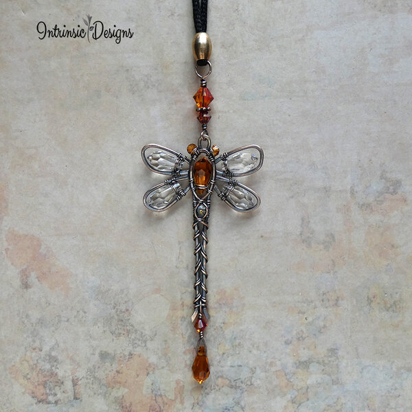 AMBER DRAGONFLY SWAROVSKI CRYSTAL CAR REAR VIEW MIRROR DANGLE .... ADJUSTABLE