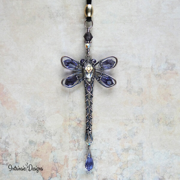 PURPLE DRAGONFLY SWAROVSKI CRYSTAL CAR REAR VIEW MIRROR DANGLE .... ADJUSTABLE