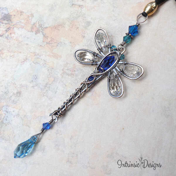 BLUE DRAGONFLY SWAROVSKI CRYSTAL CAR REAR VIEW MIRROR DANGLE .... ADJUSTABLE
