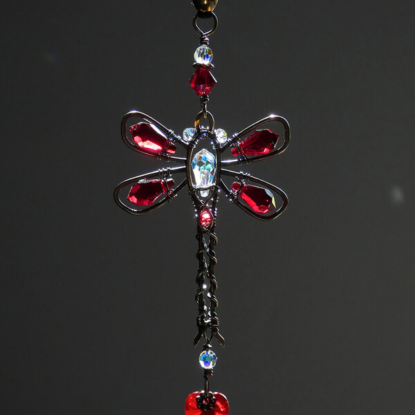 RED DRAGONFLY SWAROVSKI CRYSTAL CAR REARVIEW MIRROR DANGLE .... ADJUSTABLE