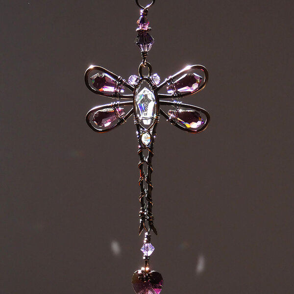 PURPLE DRAGONFLY SWAROVSKI CRYSTAL CAR REAR VIEW MIRROR DANGLE .... ADJUSTABLE