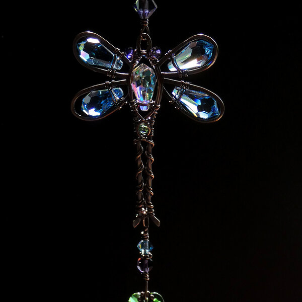 BLUE, GREEN & PURPLE DRAGONFLY SWAROVSKI CRYSTAL CAR REAR VIEW MIRROR DANGLE .... ADJUSTABLE