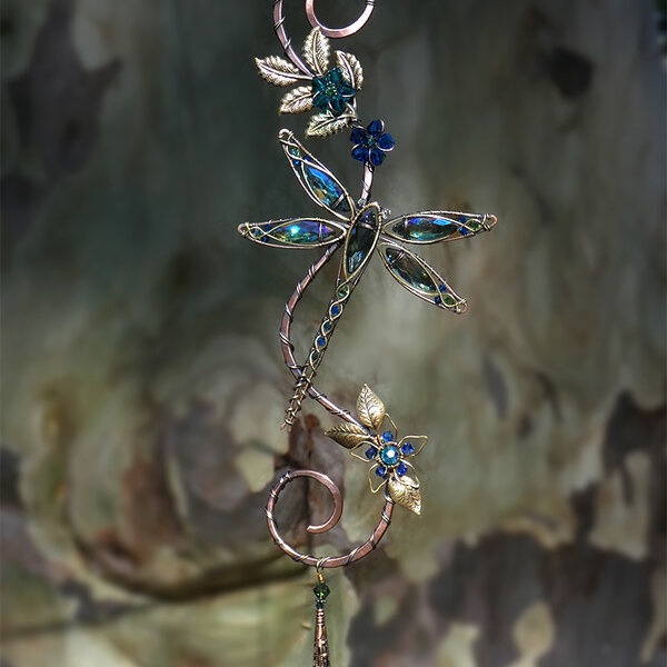 DRAGONFLY SWAROVSKI CRYSTAL WINDOW SUNCATCHER IN BLUES & GREENS WITH MIXED METALS