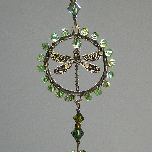 DRAGONFLY SWAROVSKI CRYSTAL CAR REARVIEW MIRROR DANGLE IN GREENS.... ADJUSTABLE