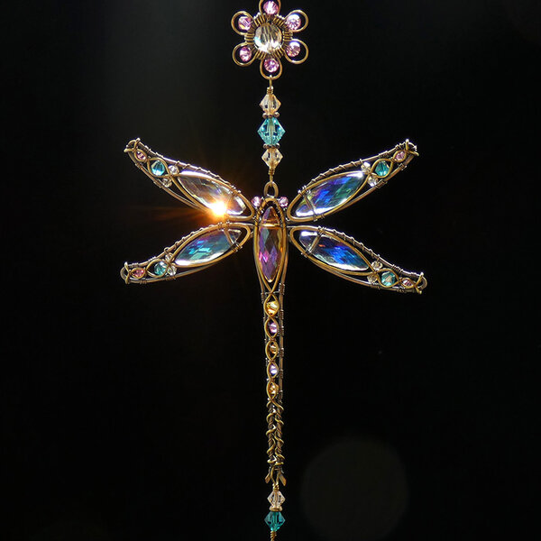 DRAGONFLY SWAROVSKI CRYSTAL WINDOW SUNCATCHER IN TURQUOISE, PINK & GOLD WITH MIXED METALS