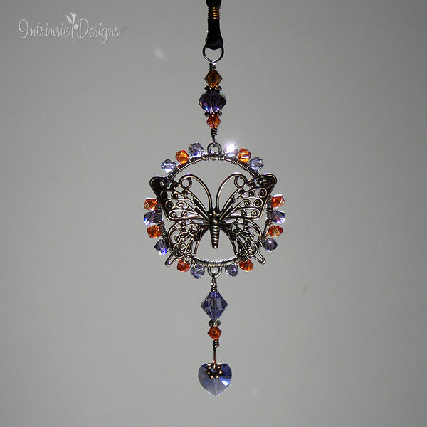 SWAROVSKI CRYSTAL BUTTERFLY CAR REAR VIEW MIRROR DANGLE IN IN AMBER & PURPLE .... ADJUSTABLE