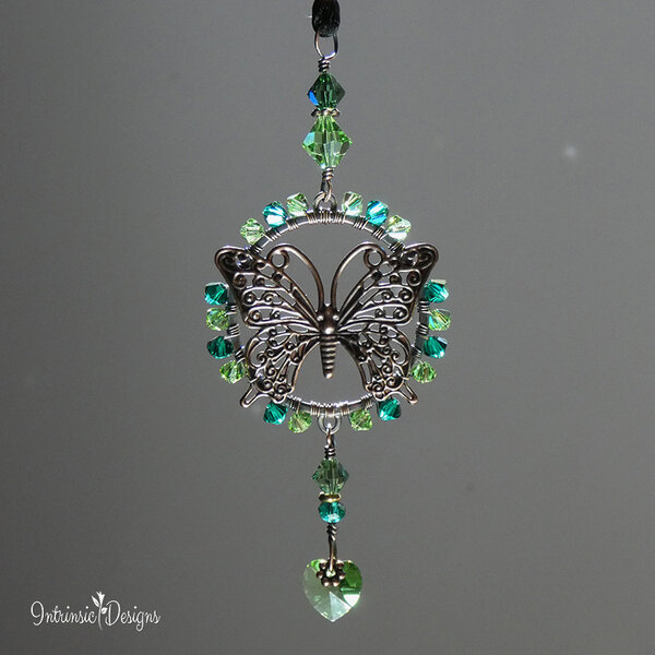 SWAROVSKI CRYSTAL BUTTERFLY CAR REAR VIEW MIRROR DANGLE IN GREENS .... ADJUSTABLE