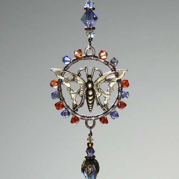 SWAROVSKI CRYSTAL BUTTERFLY CAR REAR VIEW MIRROR DANGLE IN IN AMBER & PURPLE .... ADJUSTABLE