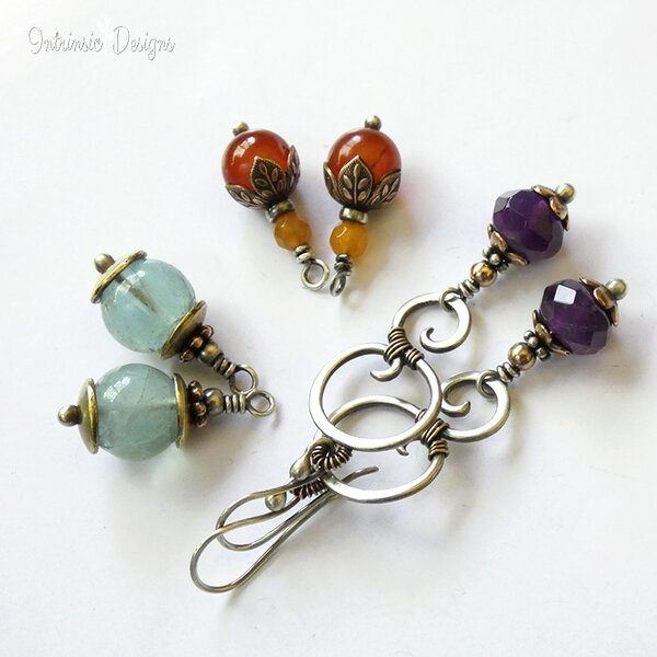 INTERCHANGEABLE STERLING SILVER & BRONZE EARRINGS ... WITH SEAFOAM FLUORITE, AMETHYST & CARNELIAN AGATE