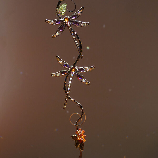 TWO DRAGONFLIES ... SWAROVSKI CRYSTAL WINDOW SUNCATCHER IN PURPLE, ORANGE,GREEN & RAINBOW WITH MIXED METALS