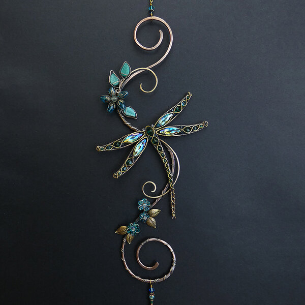 RESERVED FOR SALLY .... DRAGONFLY SWAROVSKI CRYSTAL WINDOW SUNCATCHER IN OCEAN BLUES AND GREENS WITH MIXED METALS