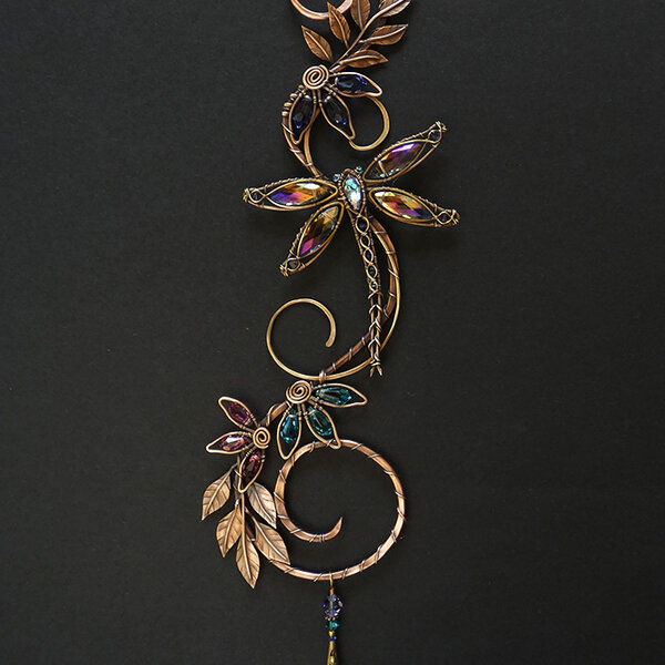 SWAROVSKI CRYSTAL WINDOW SUNCATCHER IN PURPLE, TURQUOISE & PINK WITH MIXED METALS & HANDMADE LEAVES