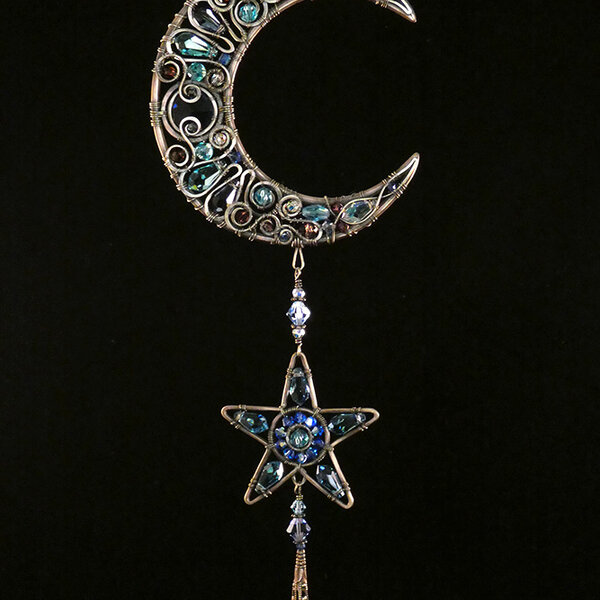 "MOONSTAR" .... MOON & STAR SWAROVSKI CRYSTAL WIRE WRAPPED WINDOW SUNCATCHER