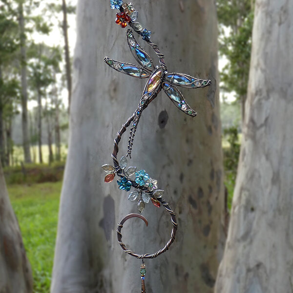 SWAROVSKI CRYSTAL WINDOW SUNCATCHER IN GREEN, BLUE & PEACH WITH MIXED METALS & CZECH GLASS LEAVES