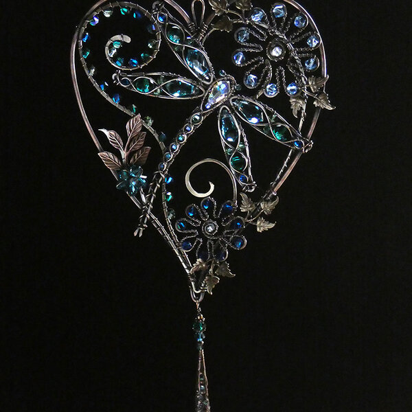DRAGONFLY HEART SWAROVSKI CRYSTAL WINDOW SUNCATCHER IN OCEAN BLUES AND GREENS WITH MIXED METALS