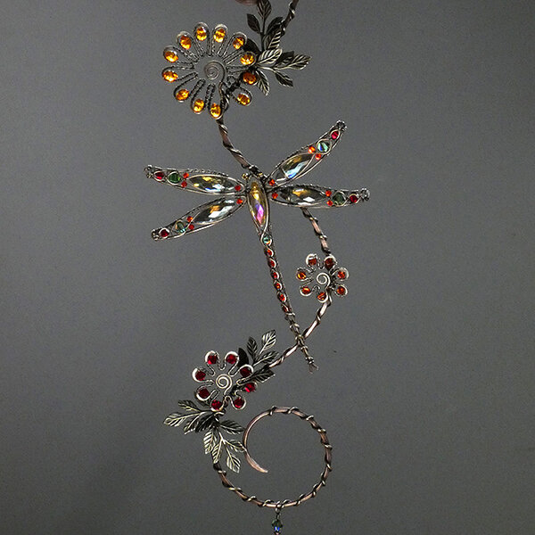 DRAGONFLY SWAROVSKI CRYSTAL WINDOW SUNCATCHER IN RED, ORANGE & GREEN WITH MIXED METALS