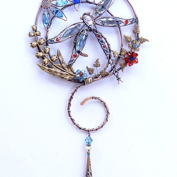 DRAGONFLY SWAROVSKI CRYSTAL WINDOW SUNCATCHER IN BLUES, REDS & GOLD WITH MIXED METALS