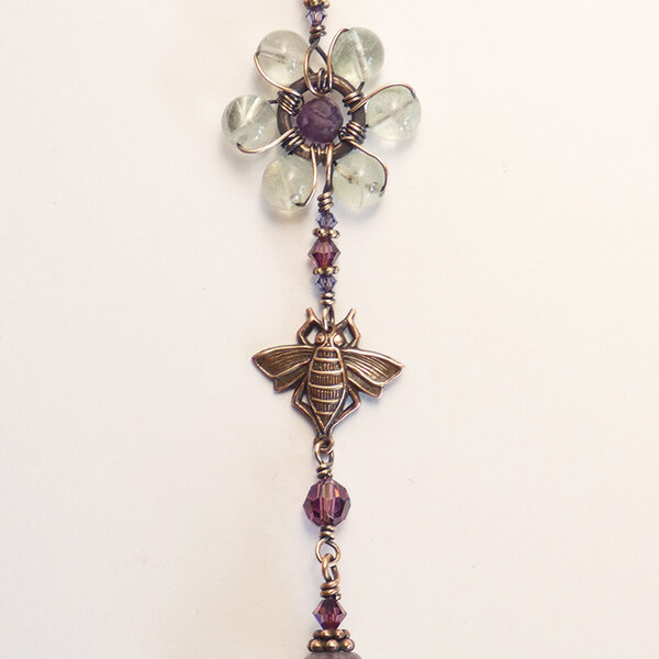 SWAROVSKI CRYSTAL, RAINBOW FLUORITE AND AMETHYST WITH BEE CAR REAR VIEW MIRROR DANGLE .... ADJUSTABLE